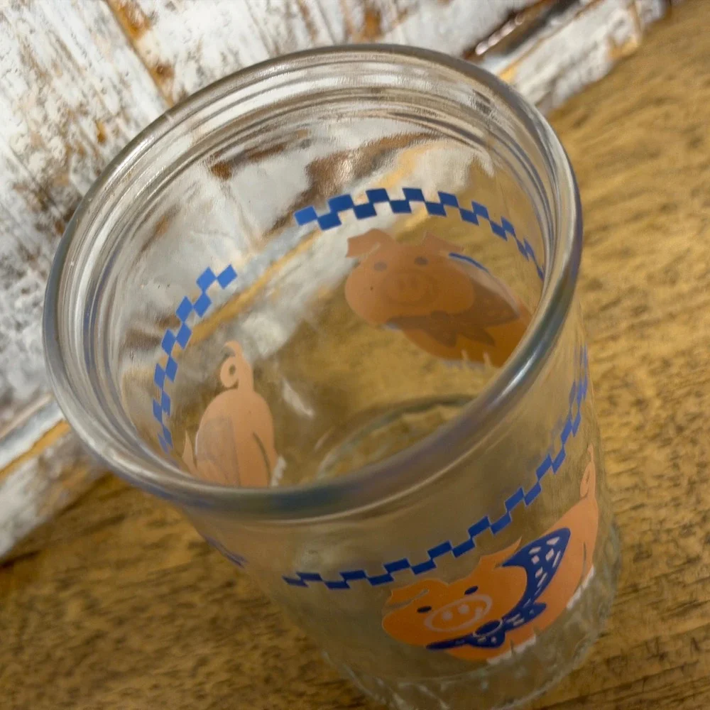 Vintage Pig Jelly Jar Juice Glass Blue Bandana Checkered Clear Ribbed Base